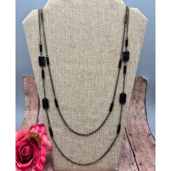 LOFT Black & Gray Double Chain Gun Metal, Enamel & Crystal Station Necklace 32" - Picture 5 of 11